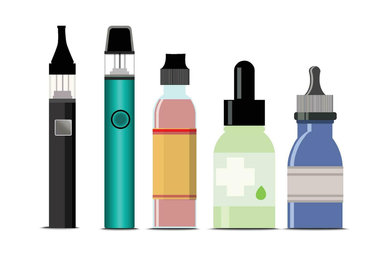 elektronisk cigaretter och Tillbehör ikoner uppsättning. vaping enhet och flaskor med vape flytande. flytande bomull, tång vape, vape penna, vektor e-cigarett och platt vektor.