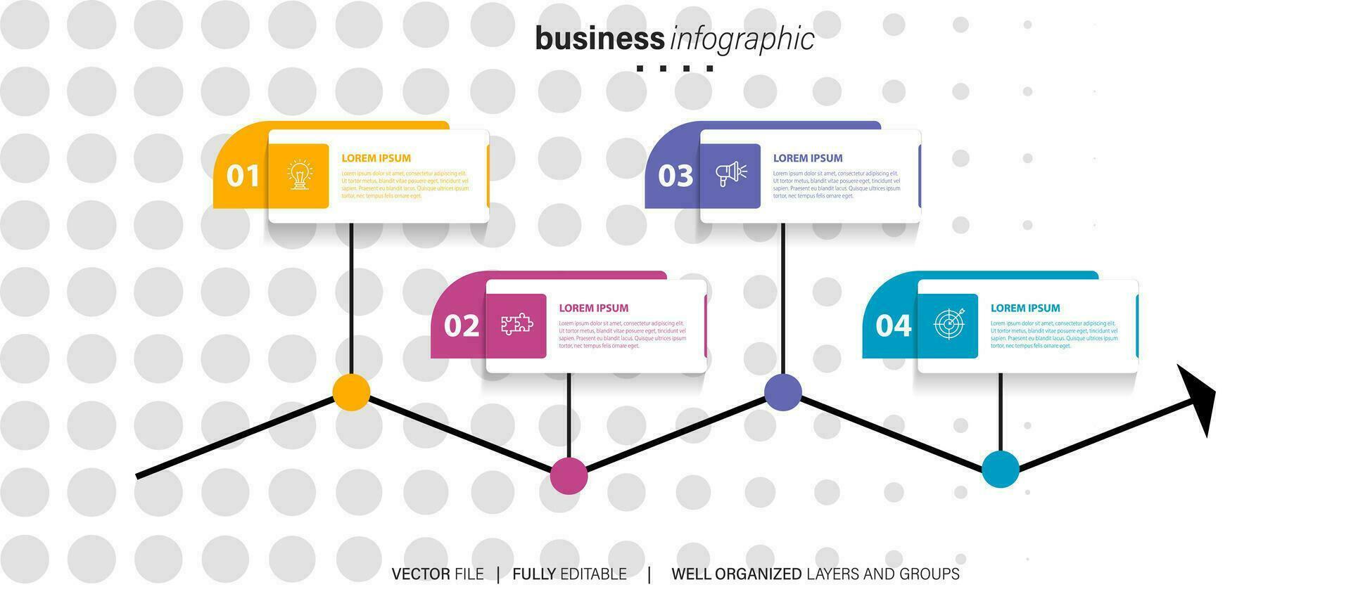vektor infographic pil design med 4 alternativ eller steg. infographics för företag begrepp. kan vara Begagnade för presentationer baner, arbetsflöde layout, bearbeta diagram, strömma Diagram, info Graf