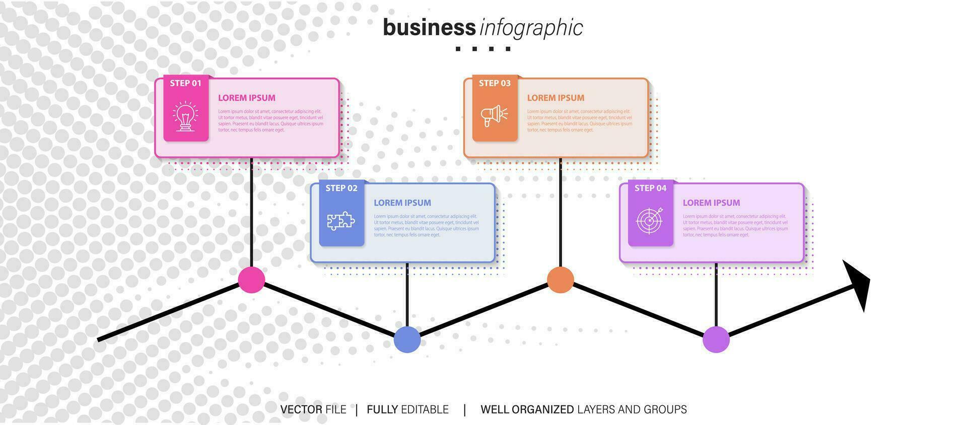 Linie Schritt Infografik. 4 Optionen Arbeitsablauf Diagramm, Kreis Zeitleiste Nummer Infografik, Prozess Schritte Diagramm. linear Vektor Infografiken. Prozess bestellen Infografik Pfeil und Schritte Punkt Illustration