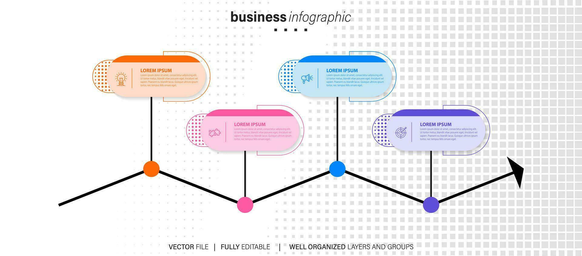 Vektor Infografik eben Vorlage Kreise zum vier Etikett, Diagramm, Graph, Präsentation. Geschäft Konzept mit 4 Optionen. zum Inhalt, Flussdiagramm, Schritte, Zeitleiste, Arbeitsablauf, Marketing. eps10