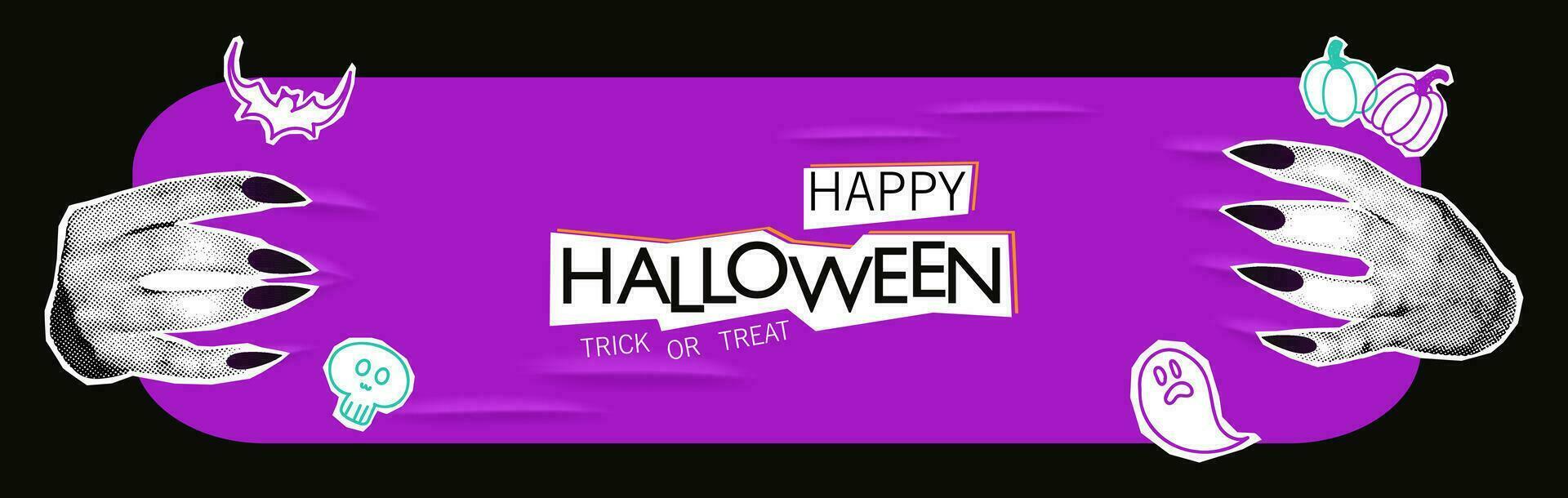 glücklich Halloween Halbton Collage Banner Vektor Illustration