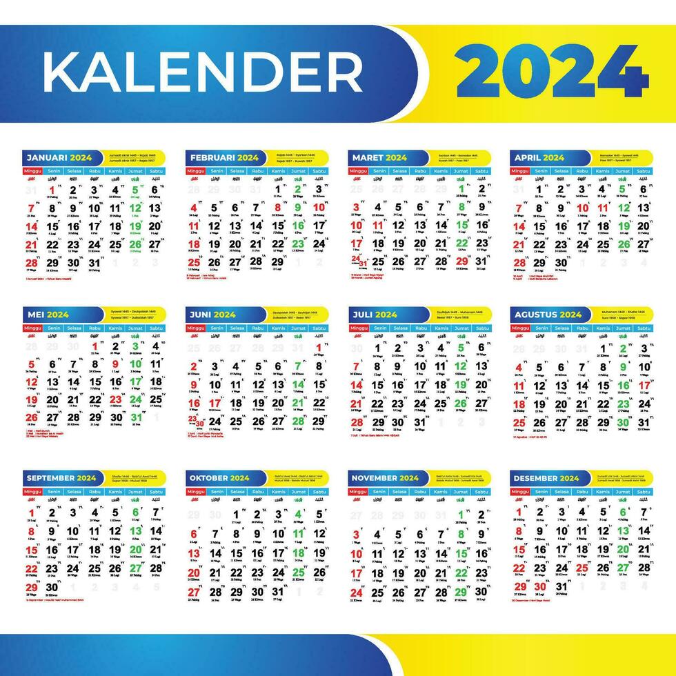 Kalender 2024 Indonesien mit javanisch und Hijri Termine. 2024 Kalender mit rot Termine und National Ferien vektor