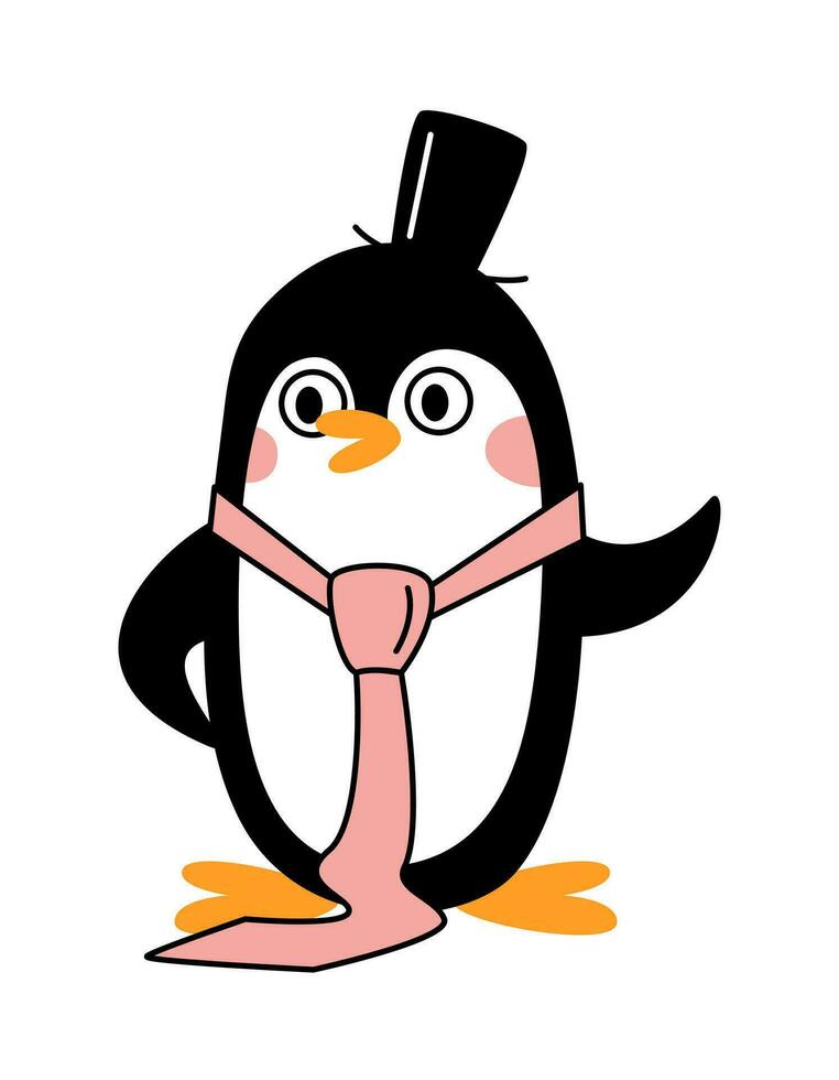 söt liten Lycklig pingvin med en slips och en hatt. vektor platt illustration
