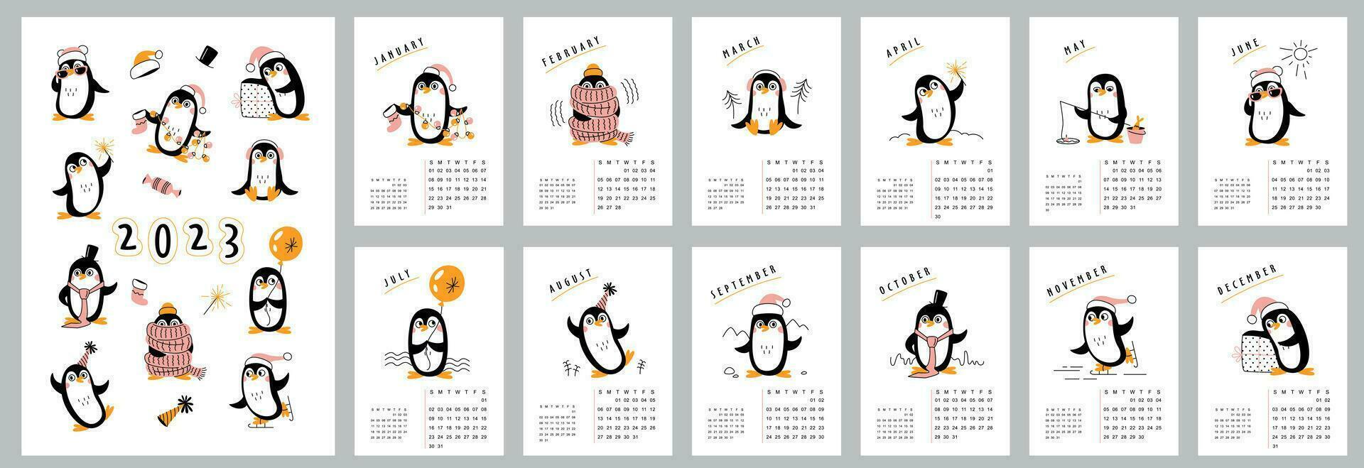 Vertikale Mauer Kalender Design Vorlage zum 2023. einstellen zum 12 Monate. Vektor Bilder mit süß Tiere, Pinguine.