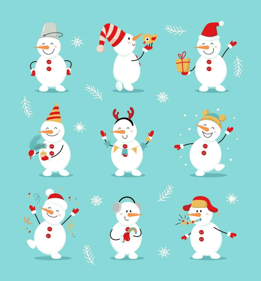 vinter- uppsättning av söt snögubbar. glad snowmen i annorlunda kostymer. gåva, fågel, dansa, roligt, dekoration av en träd gren. vektor platt illustration i tecknad serie stil