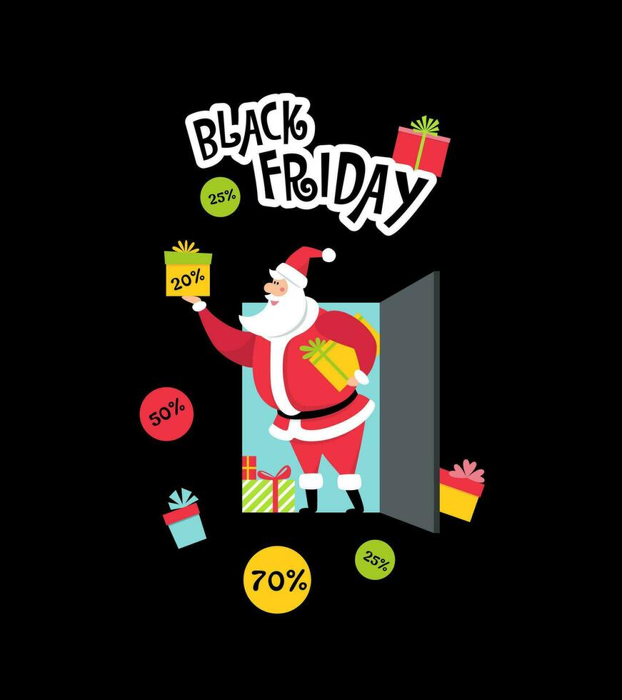 rolig santa claus på svart fredag ger ut en rabatt i gåvor. stor försäljning begrepp. vektor illustration i platt stil