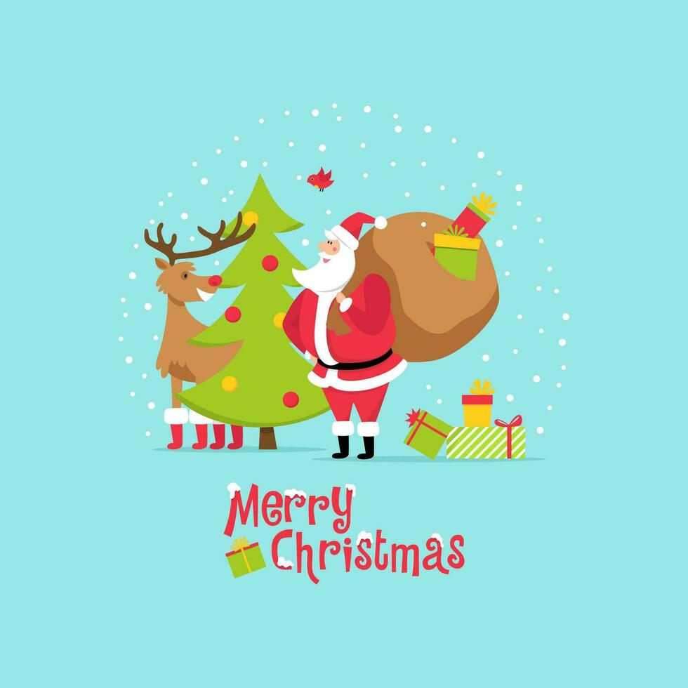 komisch Santa claus mit ein Reh, Geschenke und ein Weihnachten Baum. Vektor Illustration im eben Stil zum Gruß Karten, Banner, Plakate