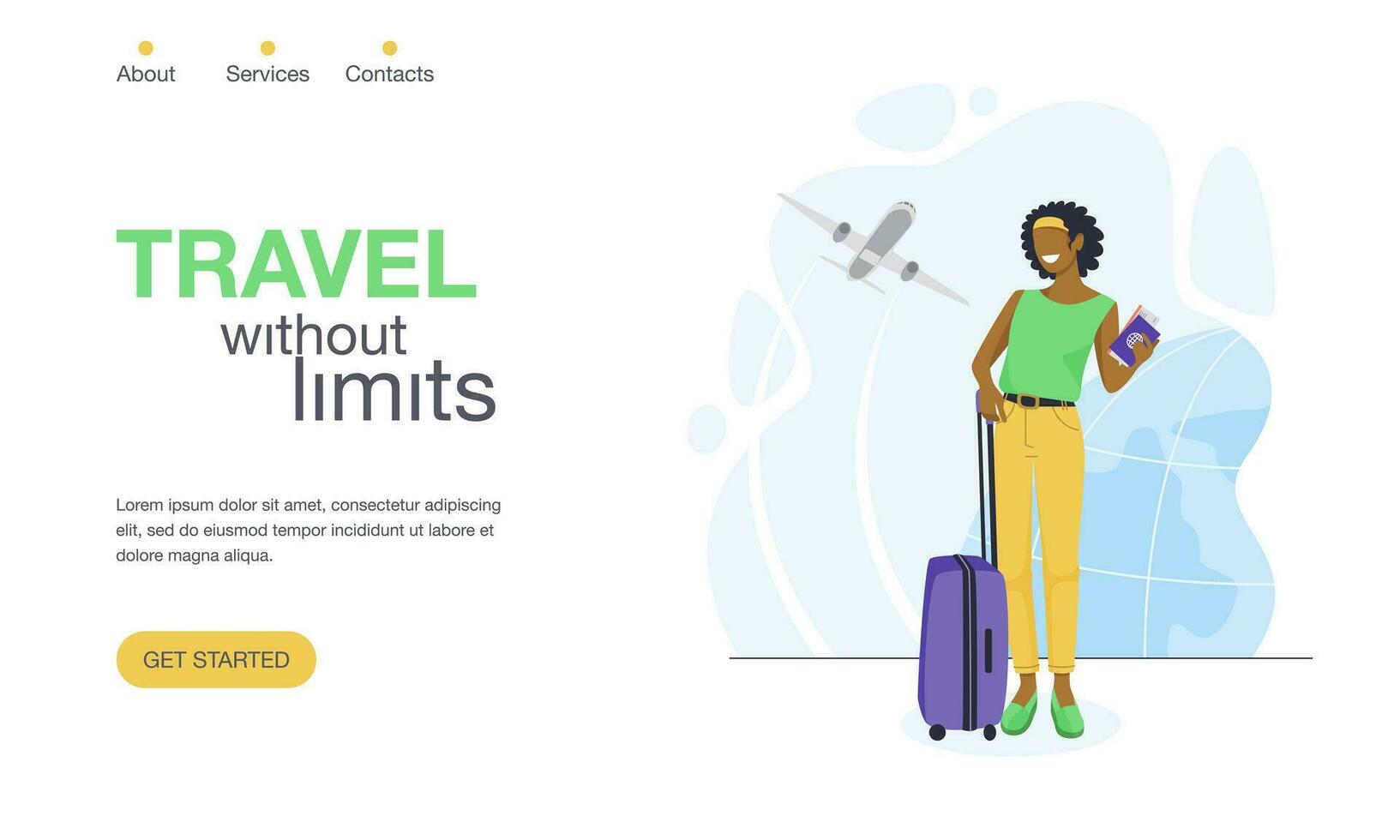 resa landning sida vektor mall. resa utan gränser. en svart kvinna står med en pass, biljett och bagage. äventyr, resa eller omlokalisering tjänster begrepp
