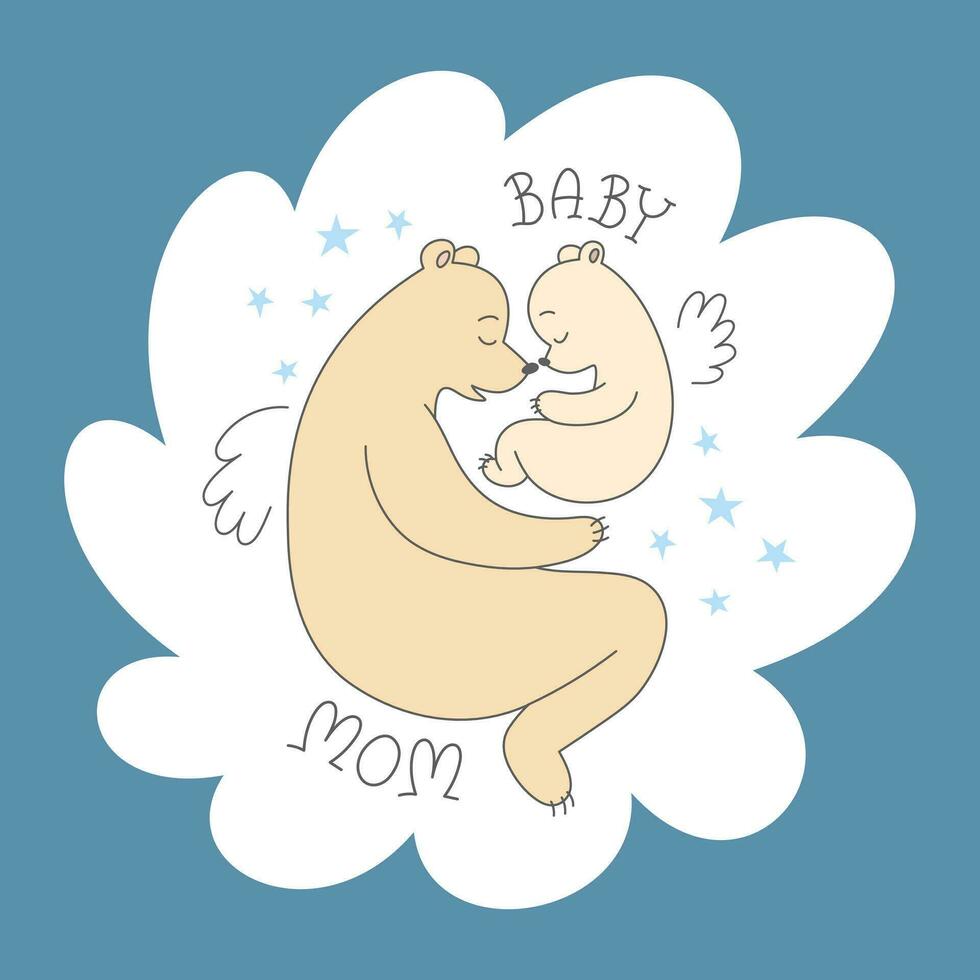 söt teddy björnar, mamma och bebis sömn tillsammans på en moln. inskrift, stjärnor, vingar. ritad för hand vektor illustration för barn, skriva ut på t-shirt, vykort