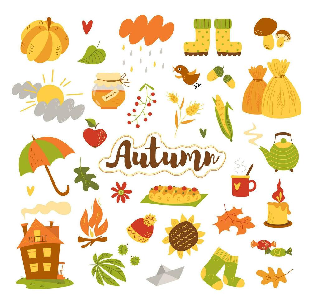 Herbst Satz, gezeichnet Elemente - - Herbst Blätter, Lagerfeuer, Kürbis, Regenschirm und Andere. geeignet zum Netz, Karte, Poster, Abdeckung, Schild, Einladung, Aufkleber Satz. Vektor eben Illustration