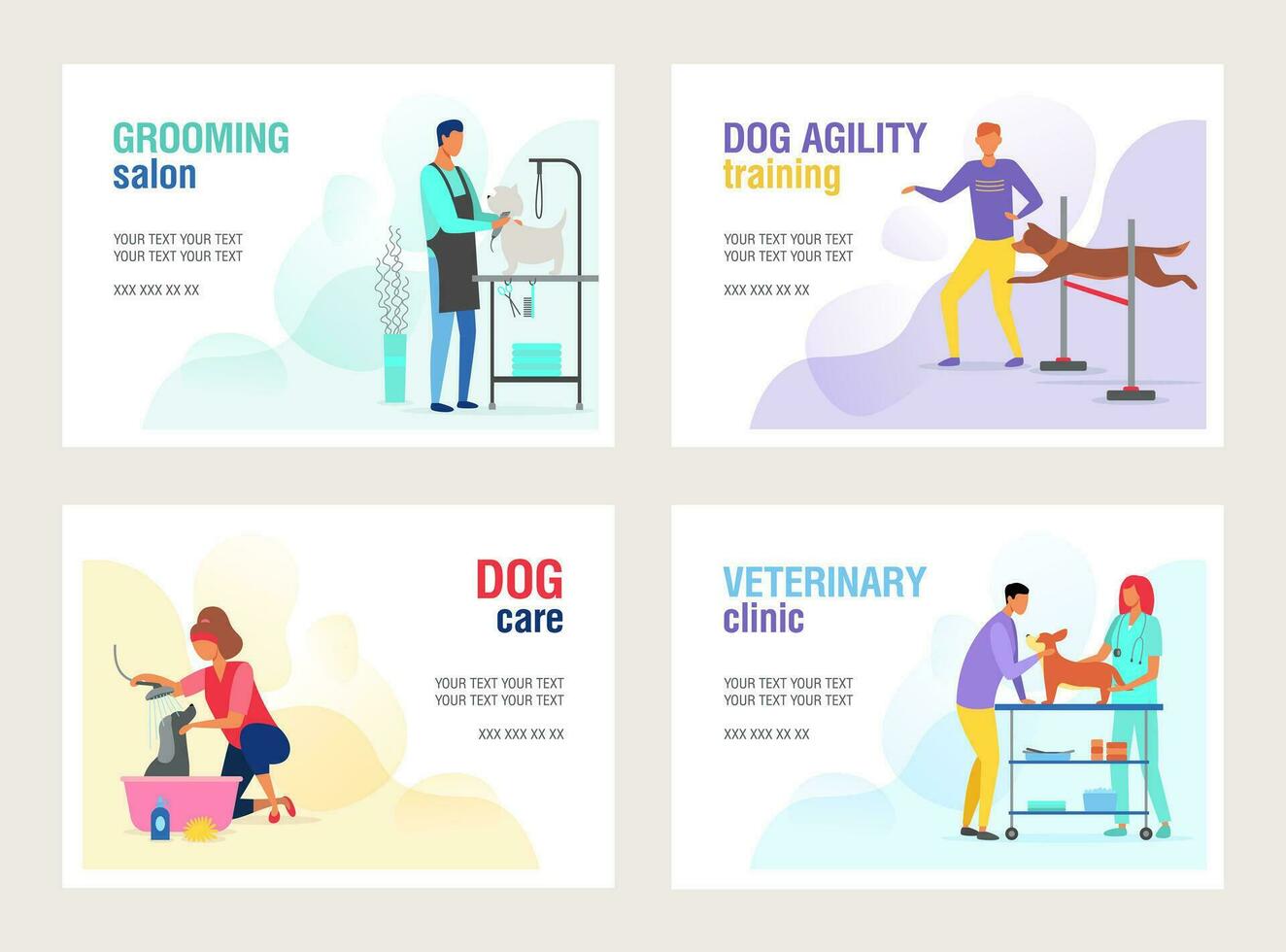 Haustier Pflege Konzept einstellen von Geschäft Karte Vorlagen zum Pflege Salon, Hund Beweglichkeit, Hund Pflege, Veterinär Klinik. Liebe und Pflege zum Ihre Haustier. Vektor eben Karikatur Illustration.