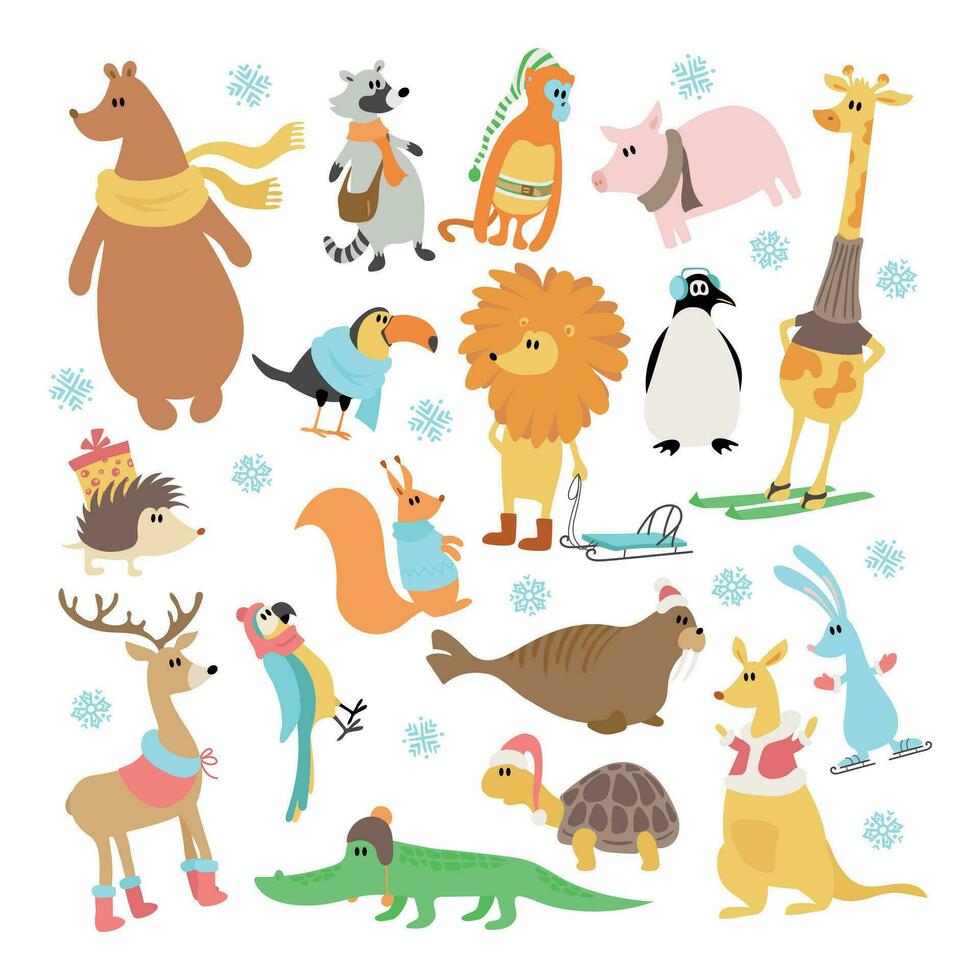 Winter Tiere. Weihnachten einstellen mit süß Tiere, handgemacht einfach Hand gezeichnet Stil. Vektor Illustration