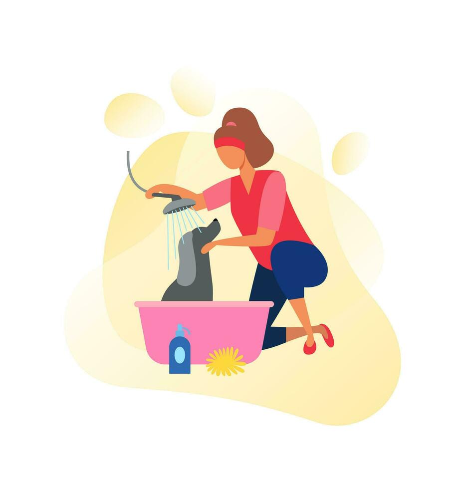 Frau mit ein Hund. wäscht seine Haustier. Liebe und Pflege zum Haustiere. Vektor eben Illustration isoliert auf Weiß Hintergrund.