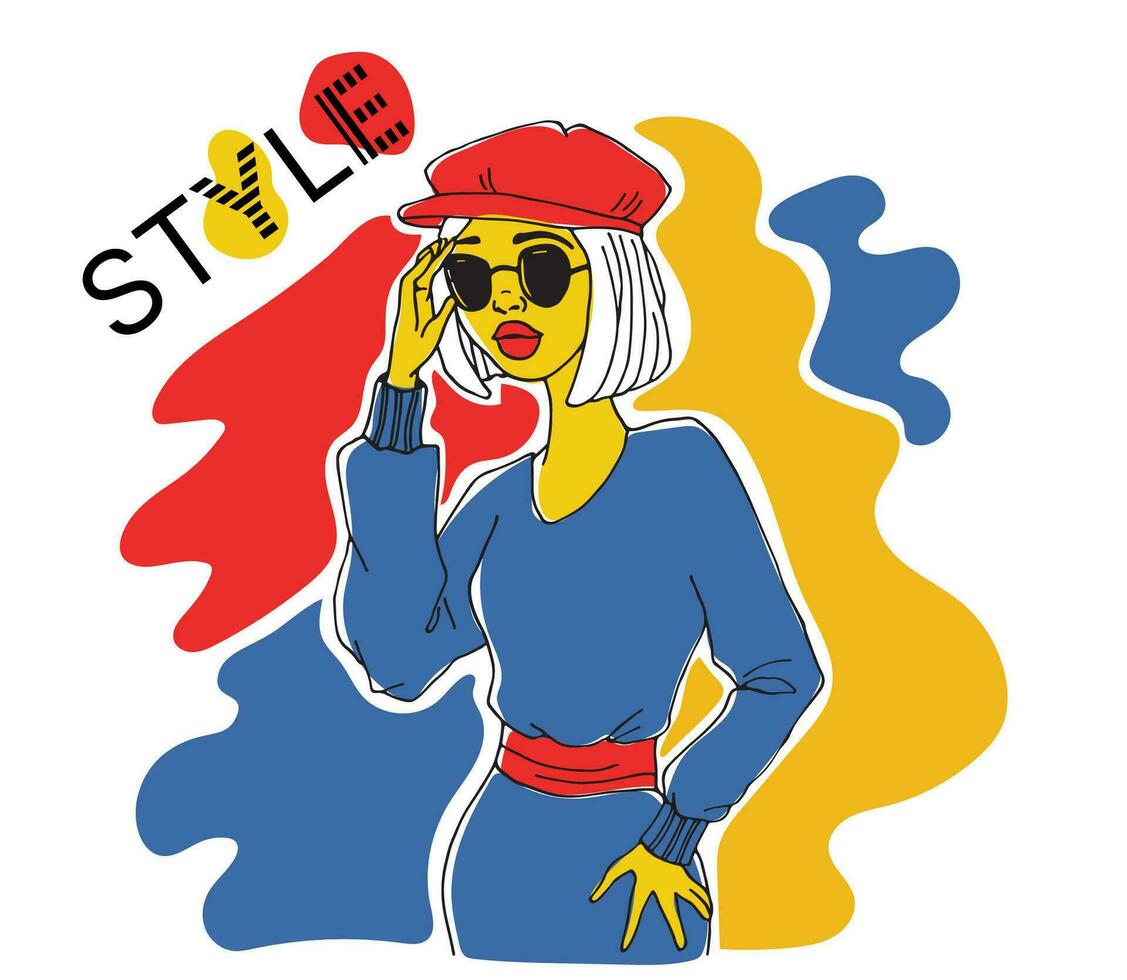 Stil, jung Frau, Sonnenbrille, Hintergrund, Kunst, Schönheit, modisch Design. Vektor Illustration.