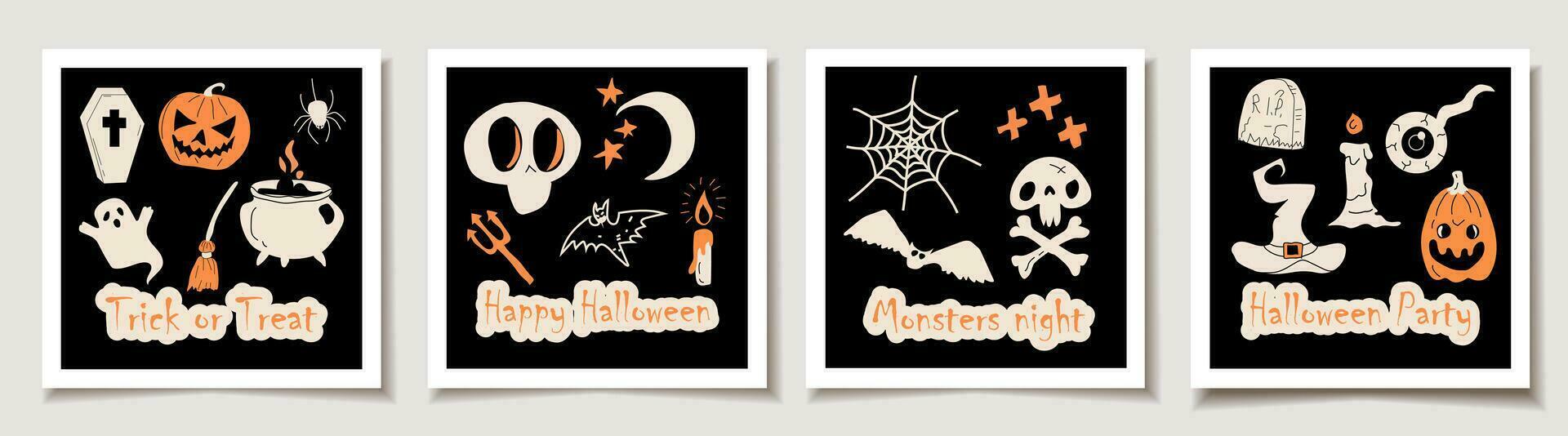 uppsättning av halloween kort med uppsättning av fyra halloween traditionell klotter ikoner . hälsning kort med magi föremål. vektor