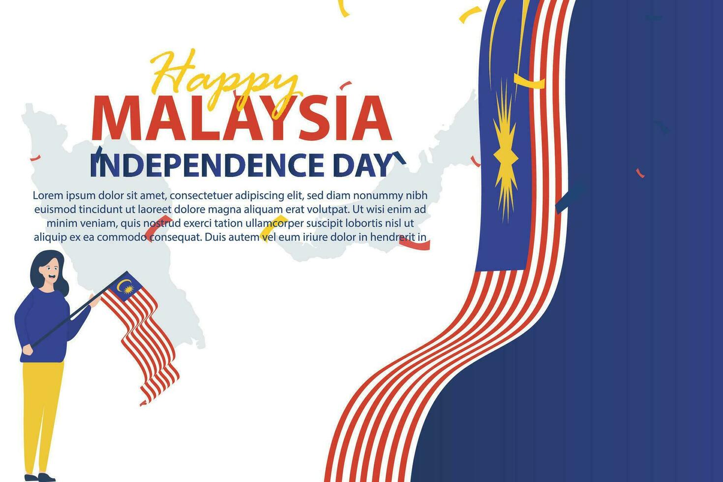 glücklich Unabhängigkeit Tag Malaysia 31 August. Banner, Sozial Medien Post, Flyer oder Gruß Karte mit das Thema von Blau rot Kampf und Flagge von Malaysia. Vektor Illustration