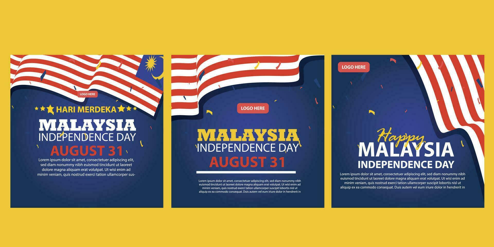 Lycklig oberoende dag malaysia 31 augusti. baner, social media posta, flygblad eller hälsning kort med de tema av blå röd kamp och flagga av malaysia. vektor illustration