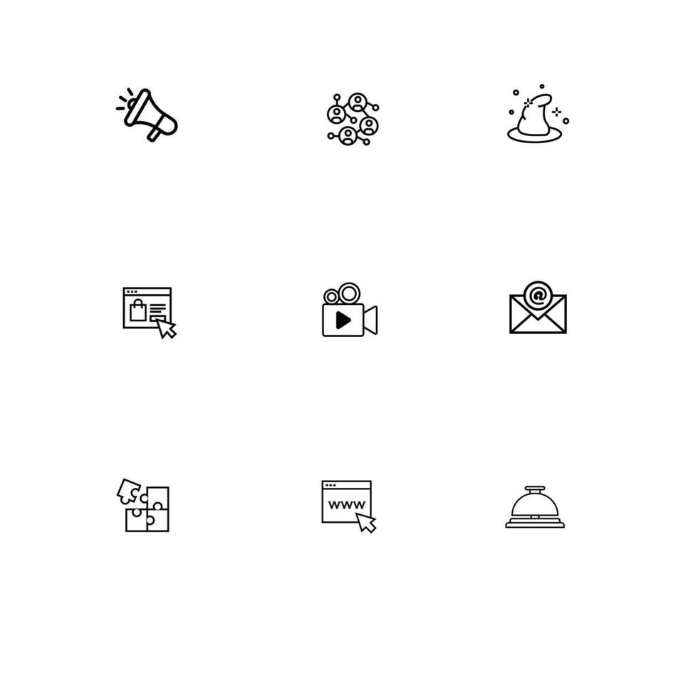 vektor illustration av en samling av hemsida ikoner, kataloger, post, pussel, kameror, magi hattar, nätverk, högtalare, och andra. linje teckning stil. svart och vit Färg.