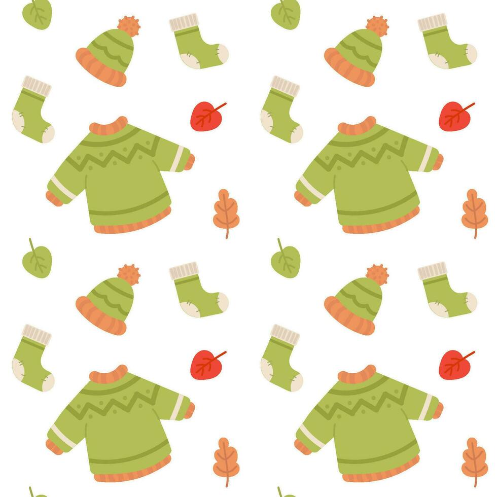 Herbst nahtlos Muster Vektor eben Illustration mit Hut, Socken und Sweatshirt