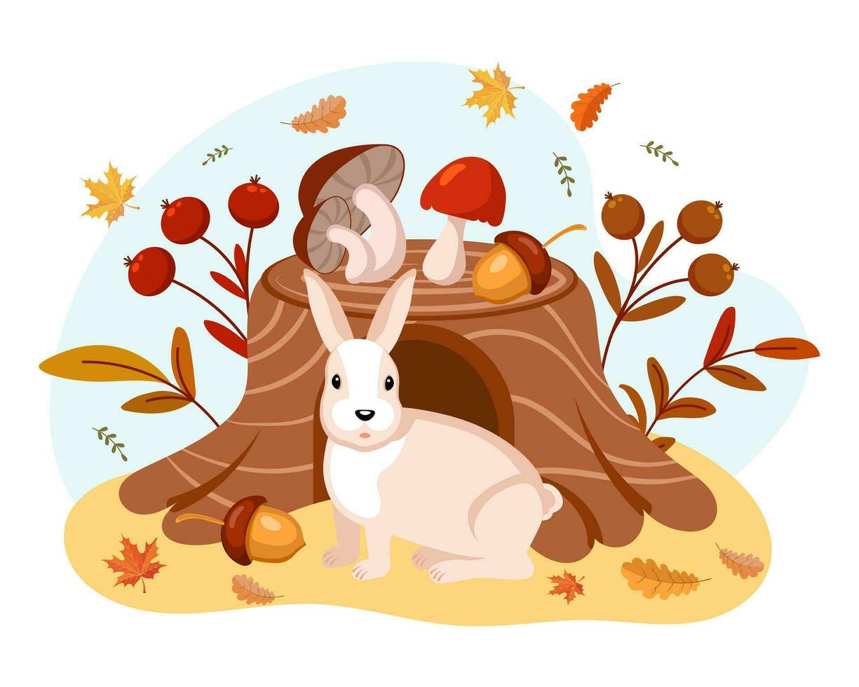 süßer kaninchen- und baumstumpf mit waldpilzen, eicheln, eberesche und herbstlaub. Illustration für Kinder, Herbstdruck, Vektor