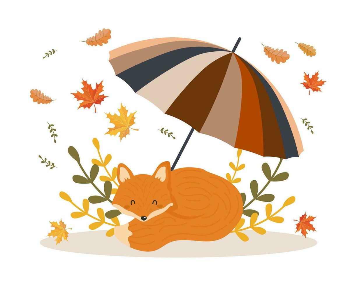süß Fuchs unter ein gestreift Regenschirm mit Herbst Blätter. Karikatur Stil. Herbst drucken, Vektor