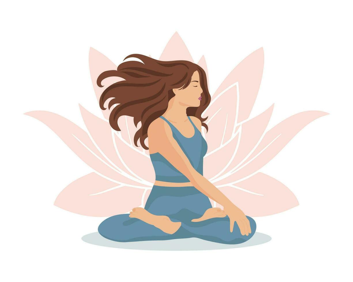 jung schön Frau im ein Yoga Pose auf das Hintergrund von ein Lotus Blume. Sport, gesund Lebensstil. Illustration, Vektor