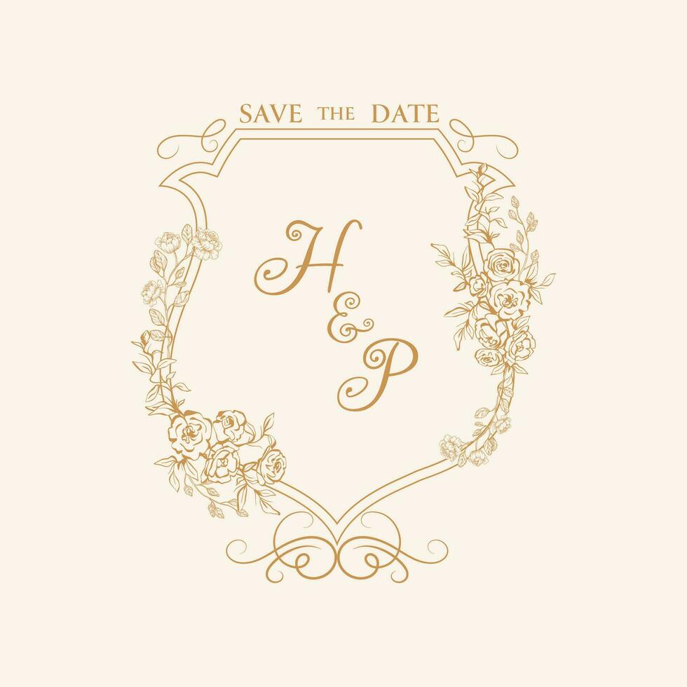 hp Initiale Hochzeit Kamm Logo Monogramm. speichern das Datum Design mit Rosen und Pfingstrosen, Blumen- Hochzeit Kamm Design. vektor