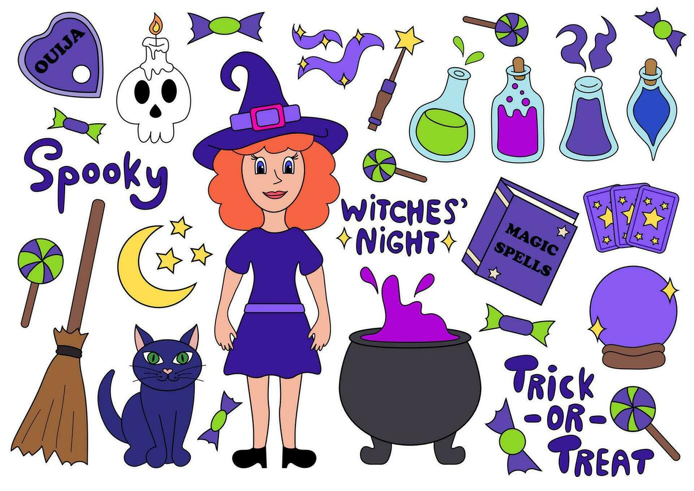 halloween element uppsättning häxa, katt, kittel, förgifta flaskor, ouija, magi bok, tarot, magi boll, kvastskaft, skalle, ljus, magi trollstav. text text lura eller behandla, läskigt, häxor natt. vektor