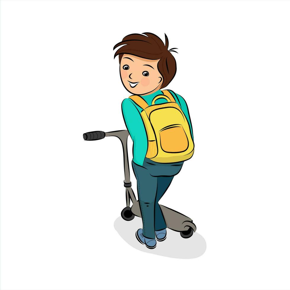 ein glücklich jung Junge mit ein Roller und Schule Tasche. Sport Konzept. eben Design. Vektor Illustration isoliert auf Weiß Hintergrund