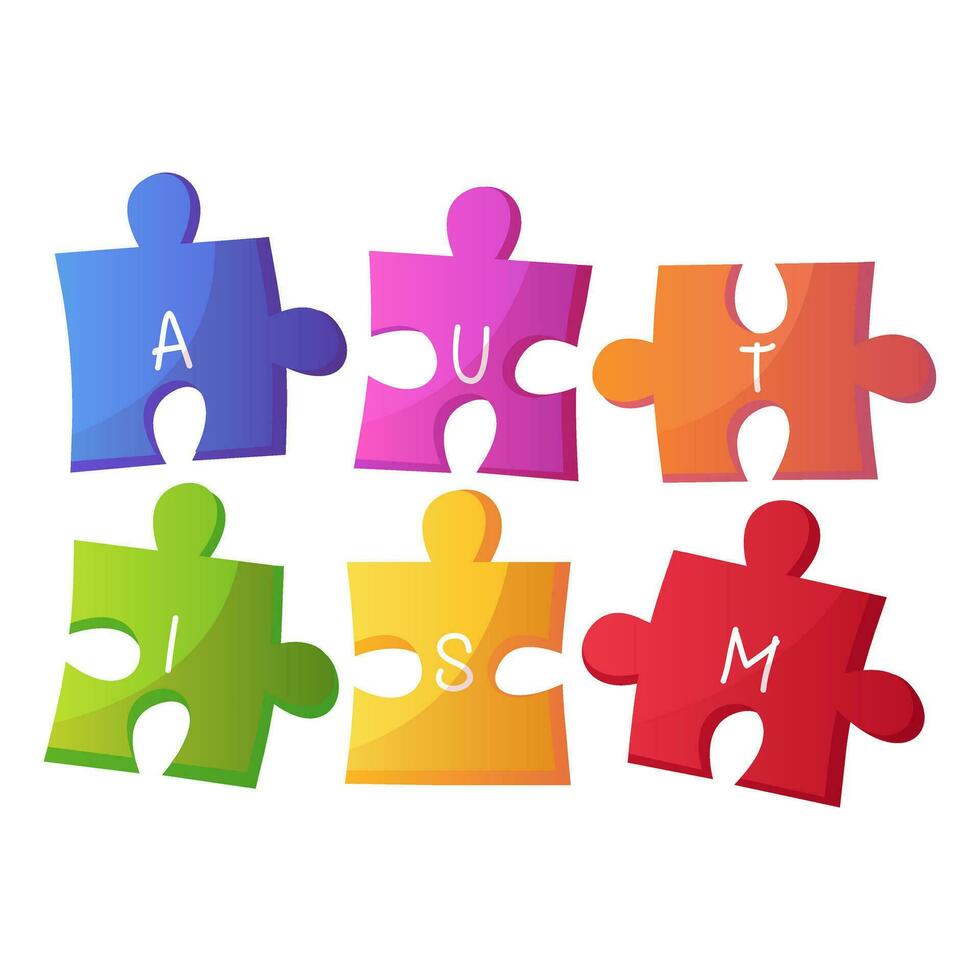 Welt Autismus Bewusstsein Tag bunt Puzzle Stücke mit Text. Puzzle Symbol. International Solidarität, Asperger Tag. Gesundheit Pflege, mental Erkrankung. wohltätig Organisation, medizinisch oder Wellness Center. vektor