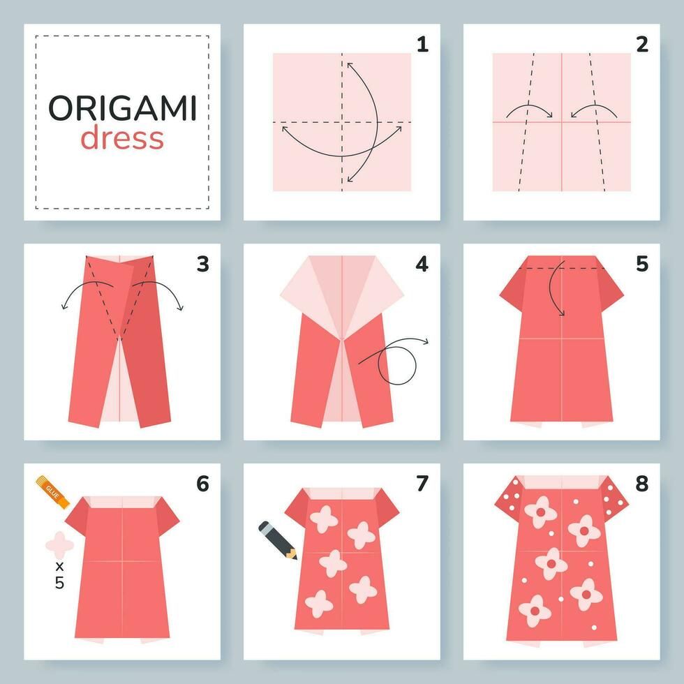 Kleid Origami planen Lernprogramm ziehen um Modell. Origami zum Kinder. Schritt durch Schritt Wie zu machen ein süß Origami Stoff zum Frauen. Vektor Illustration.