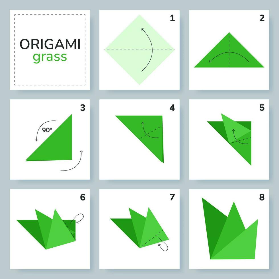 Gras Origami planen Lernprogramm ziehen um Modell. Origami zum Kinder. Schritt durch Schritt Wie zu machen ein süß Origami Pflanze. Vektor Illustration.