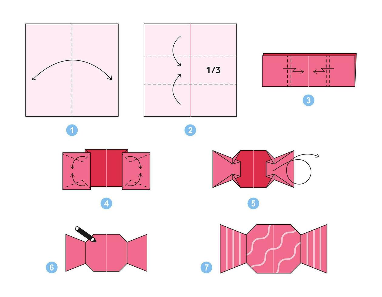 Süßigkeiten Origami planen Lernprogramm ziehen um Modell. Origami zum Kinder. Schritt durch Schritt Wie zu machen ein süß Origami Süßigkeiten. Vektor Illustration.