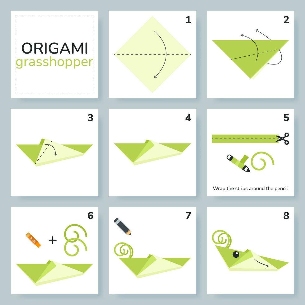 gräshoppa origami schema handledning rör på sig modell. origami för ungar. steg förbi steg på vilket sätt till göra en söt origami insekt. vektor illustration.