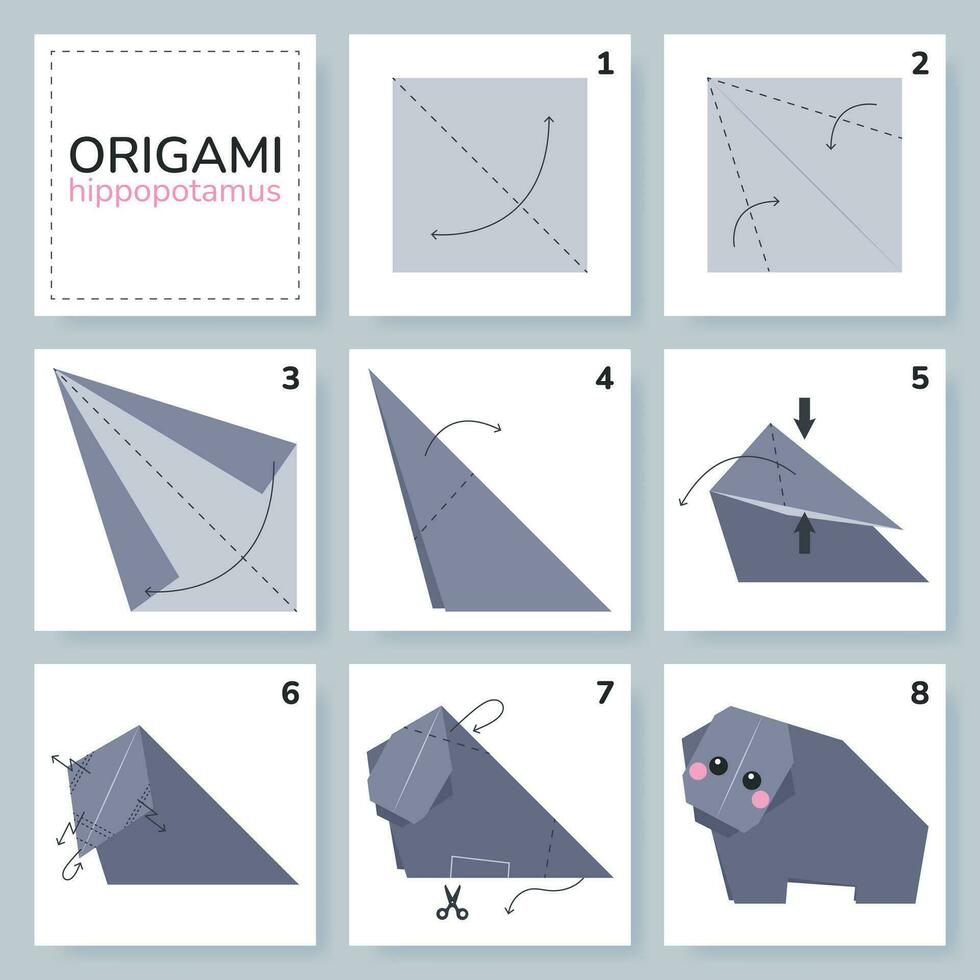 Nilpferd-Origami-Schema-Tutorial, bewegliches Modell. Origami für Kinder. Schritt für Schritt, wie man ein süßes Origami-Nilpferd macht. Vektor-Illustration. vektor