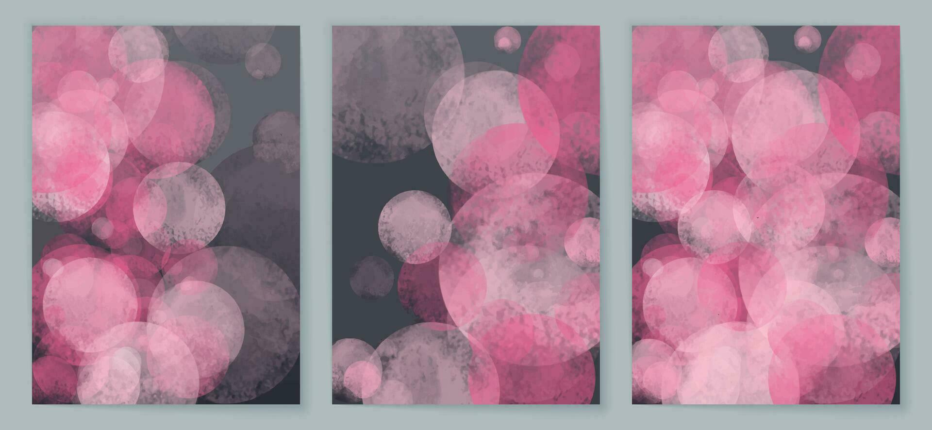 modern vattenfärg bakgrund, baner eller elegant kort design för födelsedag inbjudan, bröllop eller meny med abstrakt rosa bubblor på mörk grå . samling av täcker. vektor illustration.