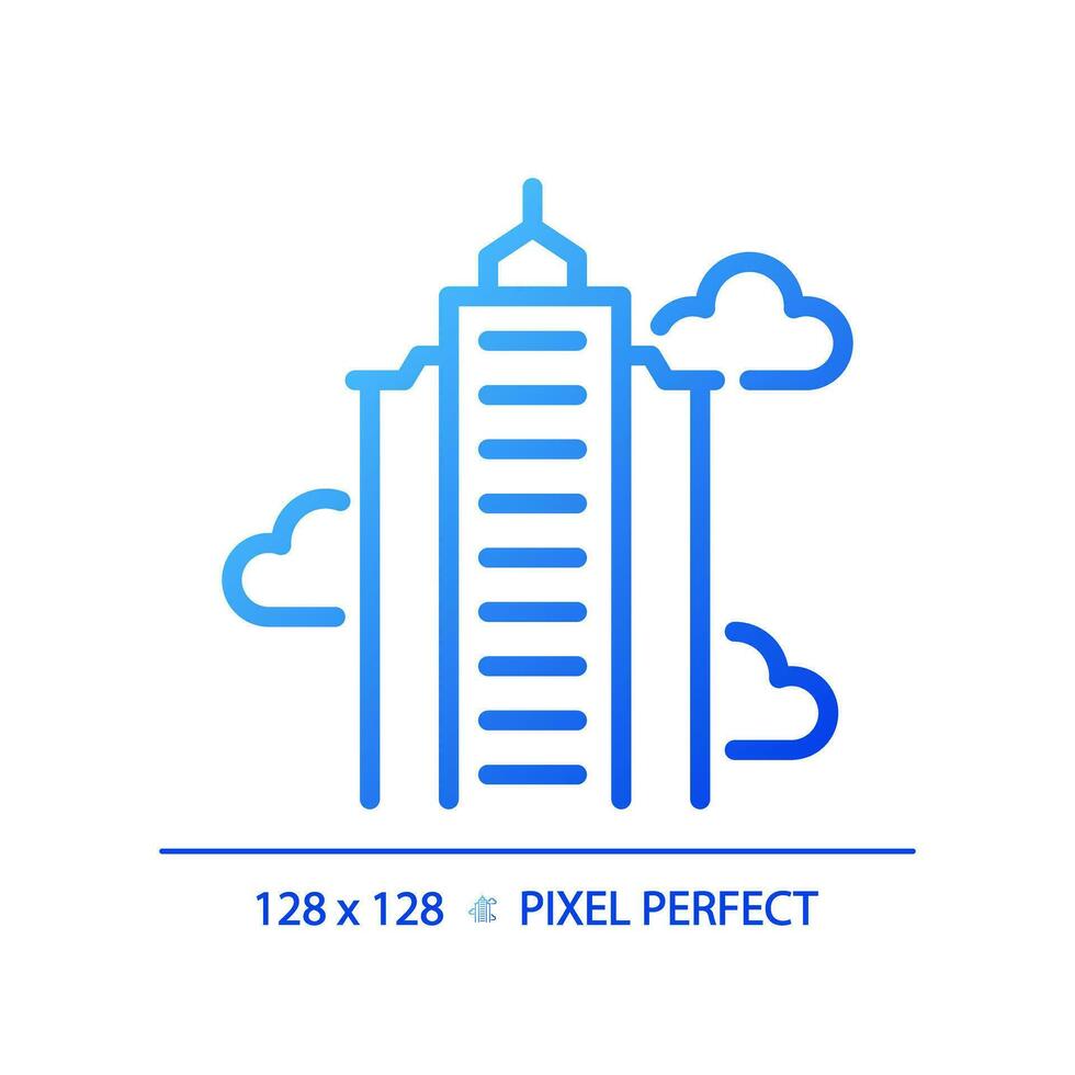 2d Pixel perfekt Blau Gradient Wolkenkratzer Symbol, isoliert Vektor, Gebäude dünn Linie Illustration. vektor