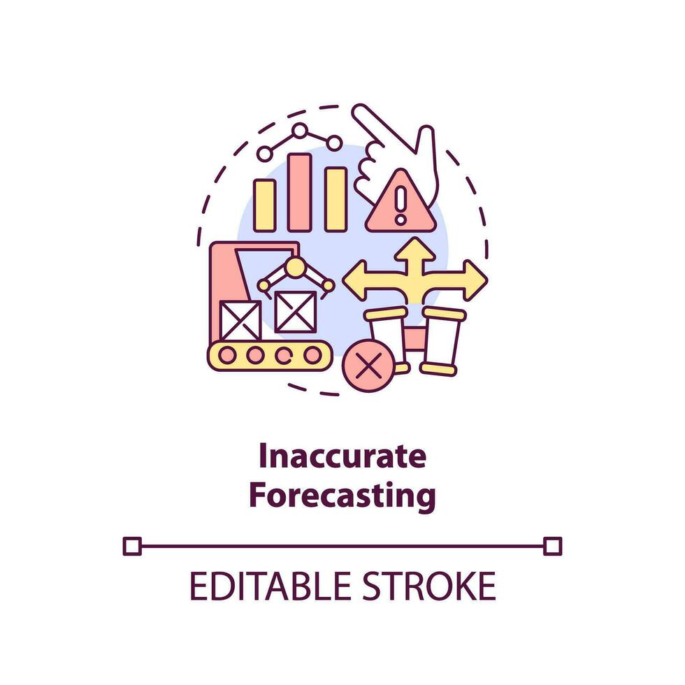 2d redigerbar felaktig prognostisering tunn linje ikon begrepp, isolerat vektor, Flerfärgad illustration representerar överproduktion. vektor