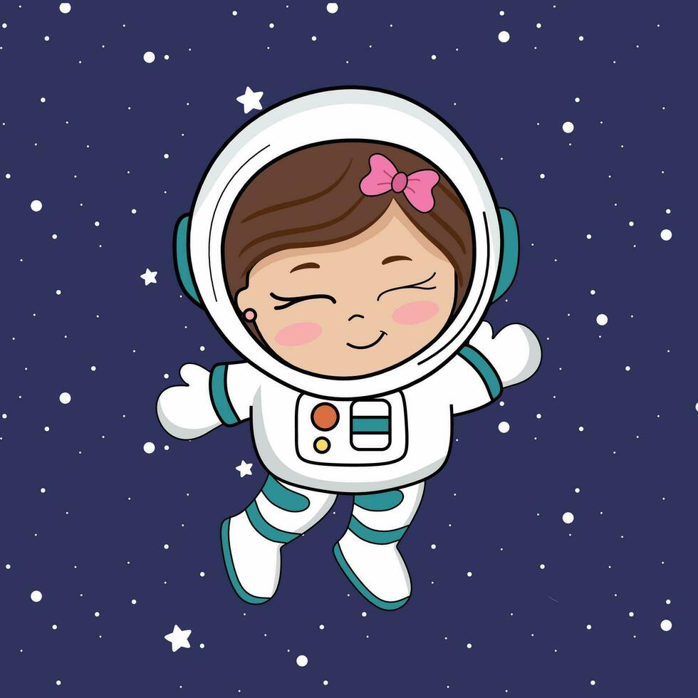 süß Kind Mädchen Astronaut im Raum Galaxis. Karikatur Vektor Symbol Illustration.