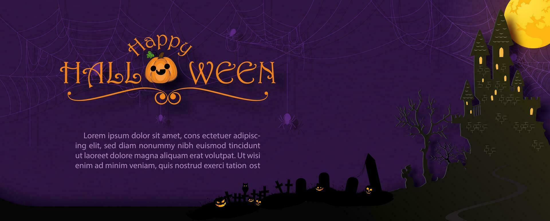 Silhouette Geist Schloss im Halloween Atmosphäre mit im Papier Schnitt Stil und Beispiel Texte auf dunkel lila Hintergrund. alle im Vektor Design.