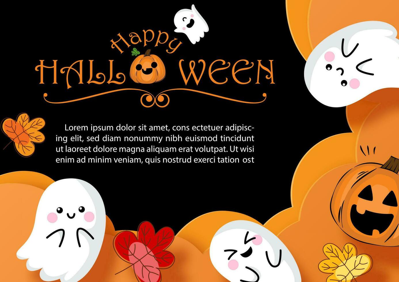 halloween fest med höst pumpor jacks o lykta och söt spöke i papper skära stil och vektor bakgrund design.