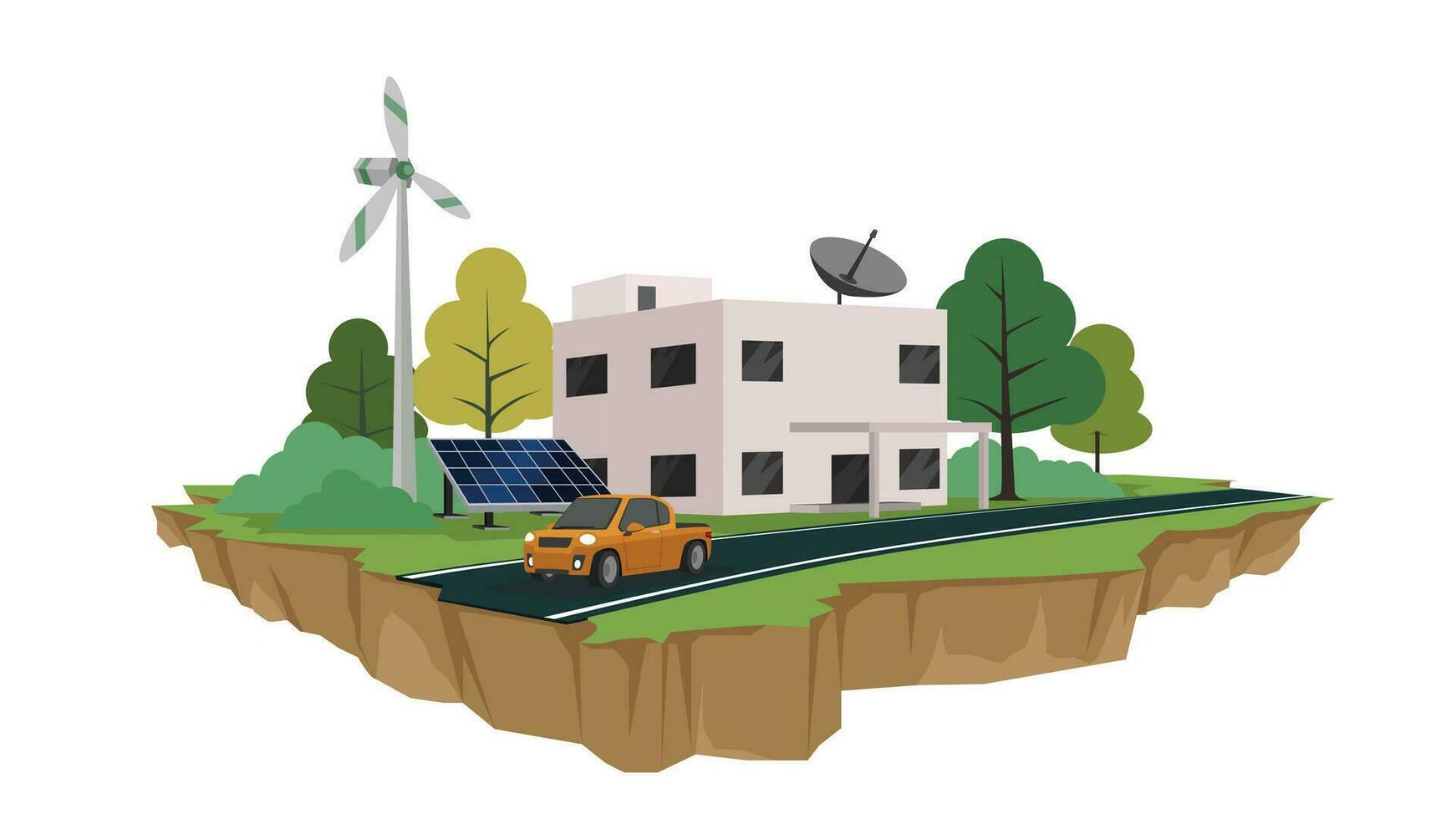 vektor eller illustration av eco begrepp. stad byggnad med sol- panel och väderkvarn för energi sparande. med träd och grön gräs för bakgrund. främre jord ha asfalt väg och bil. ö av eko.