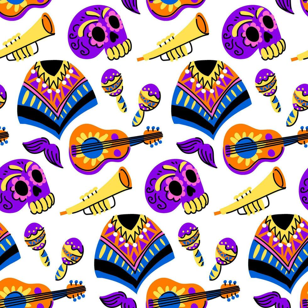 Muertos Muster mit Schädel und Kleidung. das Tag von das tot Urlaub im Mexiko. ein Gesicht im das bilden von ein Schädel mit ein Blumen- Muster. nahtlos Muster zum Halloween. Tag von das tot vektor