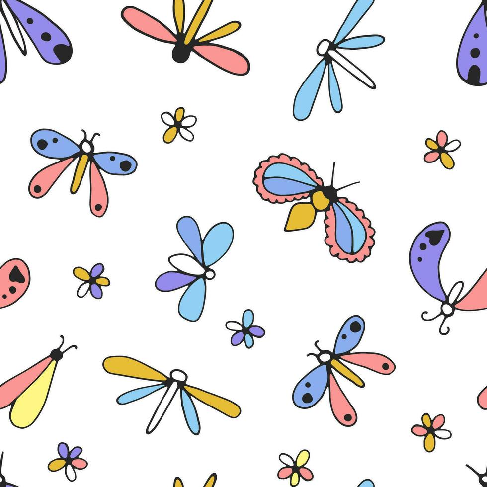 mehrfarbig Schmetterlinge einfach linear Zeichnung, schwarz Umriss. Hand gezeichnet, Vektor, nahtlos Muster. vektor