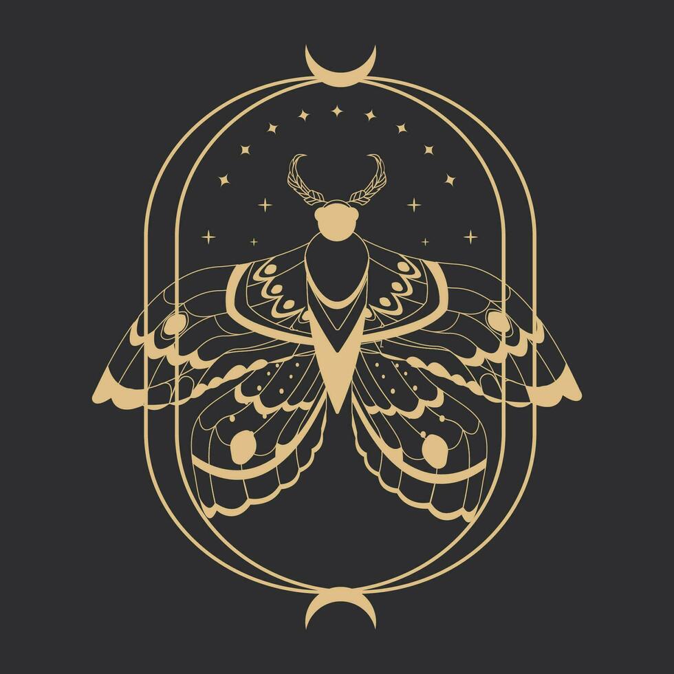 Magie Mystiker Motte Silhouette golden Linie Kunst isoliert, Boho himmlisch esoterisch Symbol, Tätowierung oder drucken auf dunkel Hintergrund. Vektor Illustration