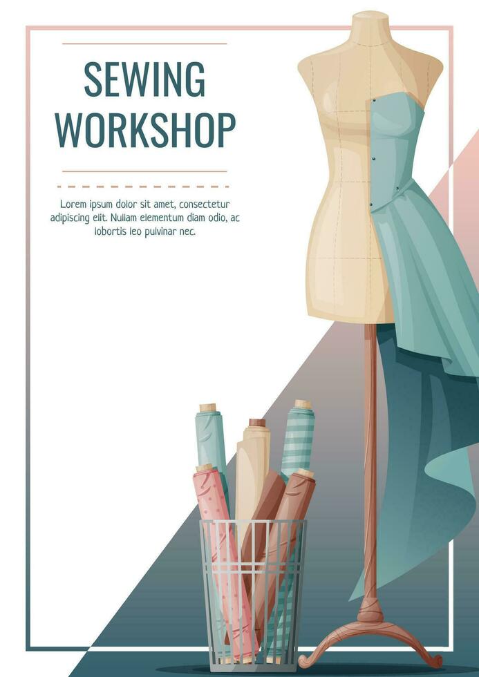 Flyer Design mit Nähen Mannequin und Stoff Rollen. Licht Industrie. Handarbeit, Hobby, Nähen. Poster Banner zum Nähen Geschäft, Werkstatt, Atelier. vektor