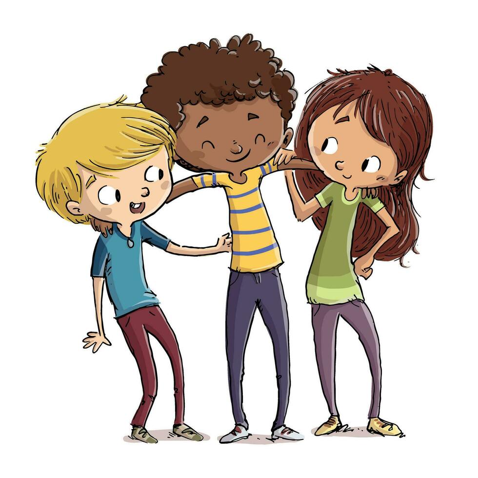 teckning av tre Tonårs vänner av annorlunda races och kön vektor