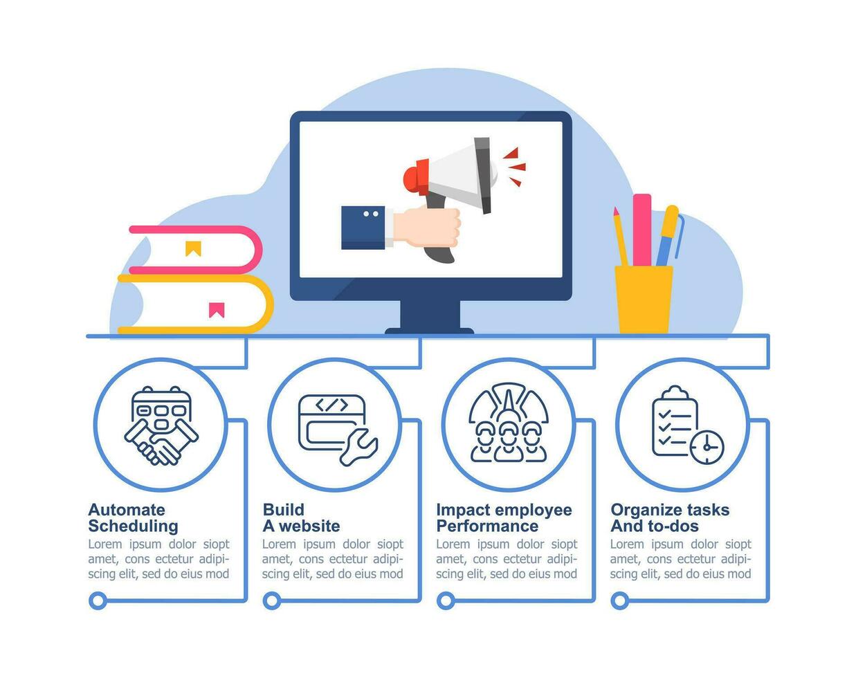 Marketing Infografik Diagramm Design Vorlage. Automatisierung Werkzeug. Arbeit Optimierung. editierbar Infochart mit Symbole. Anleitung Grafik mit Schritt Reihenfolge. visuell Daten Präsentation vektor