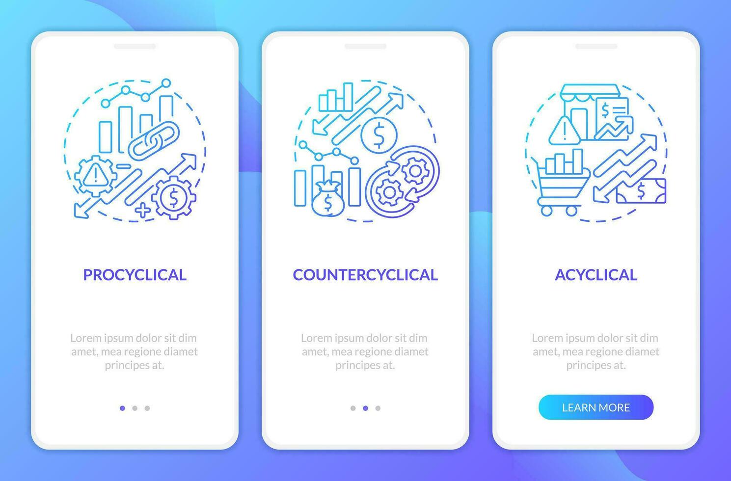 attribut av ekonomisk indikatorer blå lutning onboarding mobil app skärm. genomgång 3 steg grafisk instruktioner med linjär begrepp. ui, ux, gui mall vektor