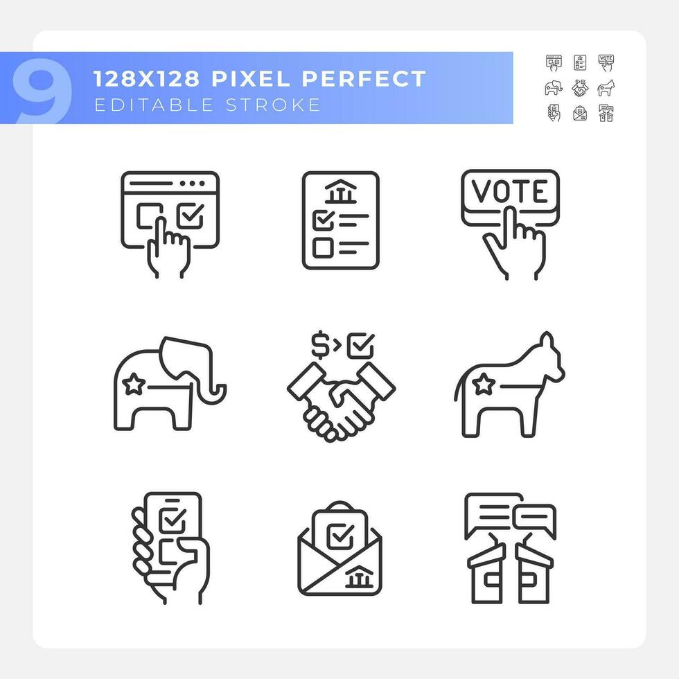 2d anpassningsbar pixel perfekt tunn linje ikoner uppsättning representerar röstning, vektor illustration av politik och val.